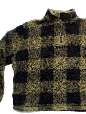 Old Navy Olive & Black Check Sherpa Half-Zip Pullover